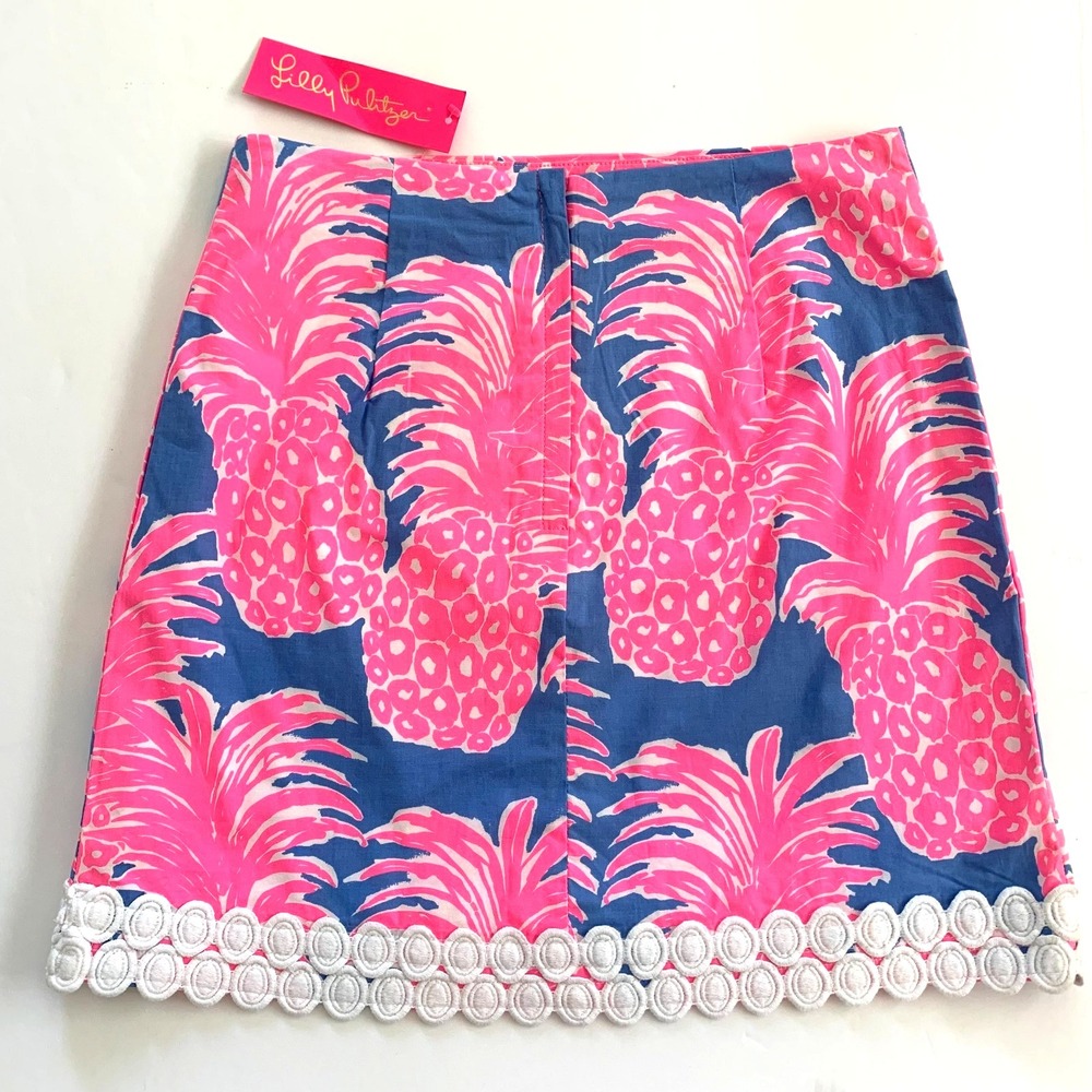 NWT Lilly Pulitzer Izzy Skirt Pineapples Lace sz 4 Blue Haven Flamenco Cotton - Picture 2 of 6